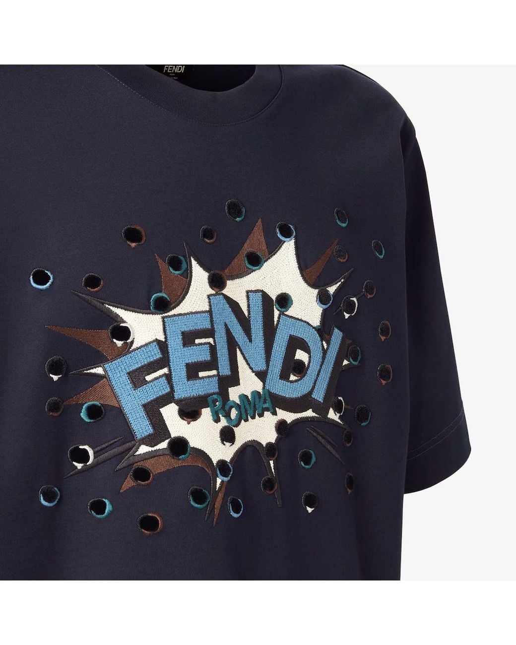 Fendi Blue Boompop Motif Embroidered Crewneck T-Shirt for men