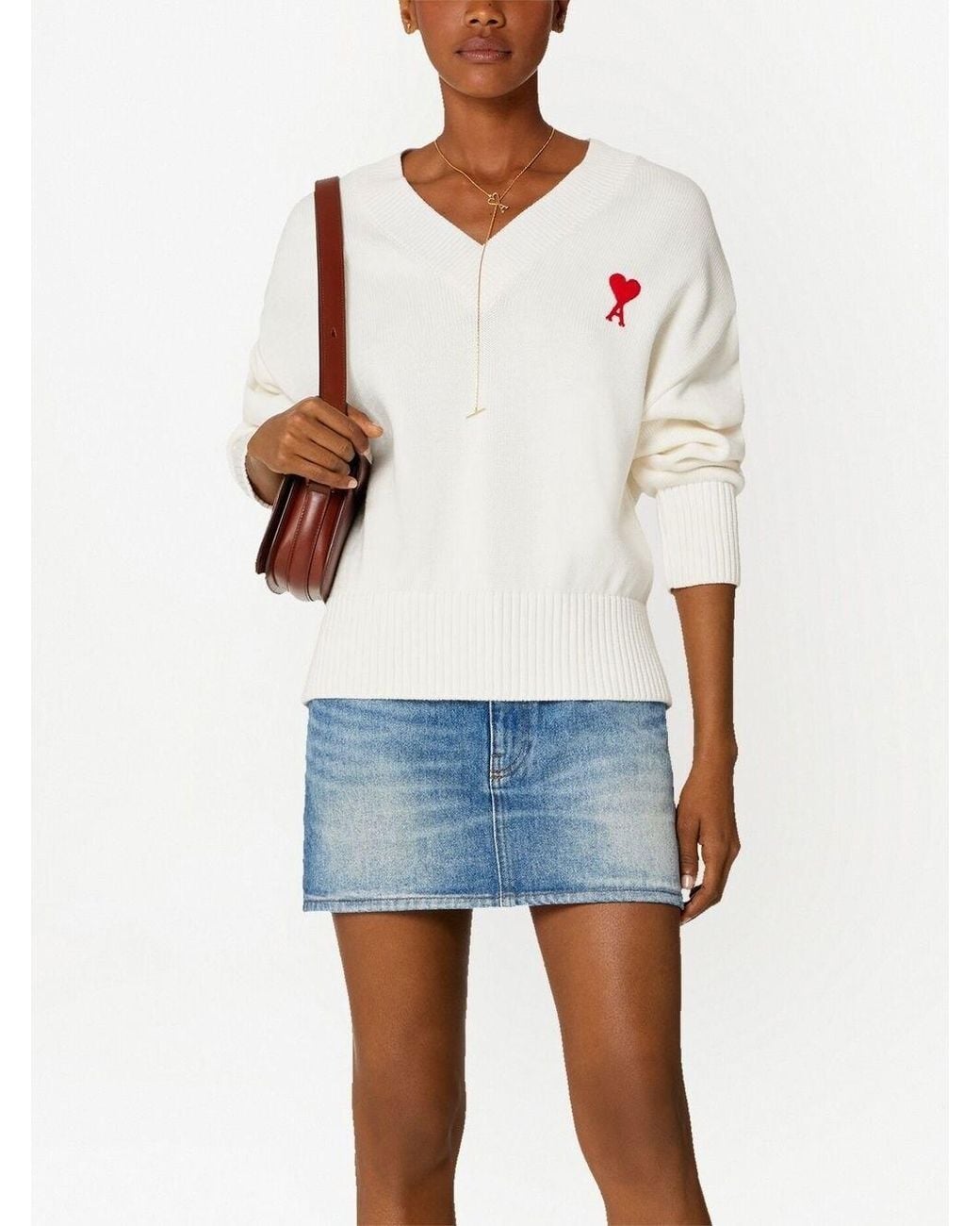 AMI White Ami De Coeur V-Neck Jumper for men