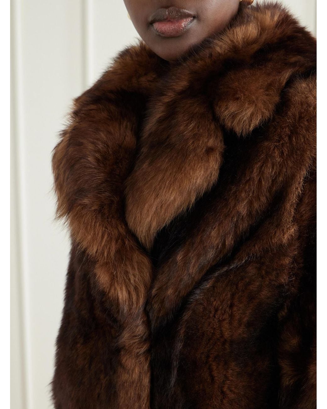 Yves Salomon Brown Paneled Double-Breasted Shearling Coat