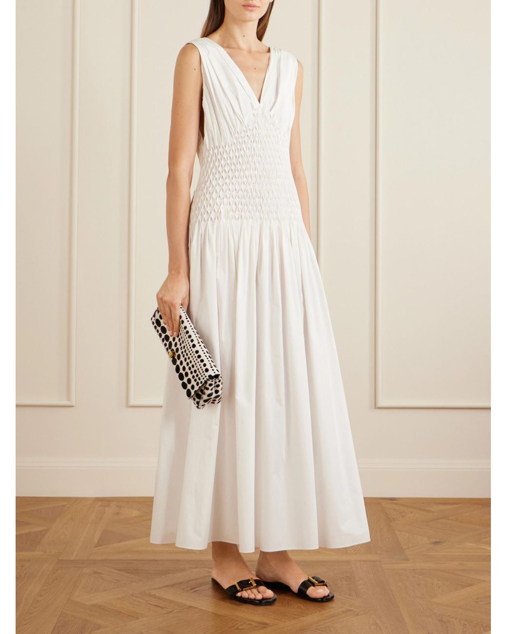 Khaite White Ruched Cotton-Poplin Midi Dress