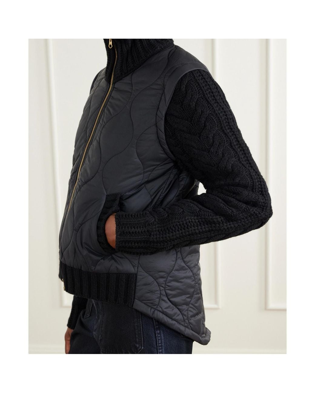 Veronica Beard Black Patra Padded Cable-Knit Wool-Blend And Quilted Shell Jacket