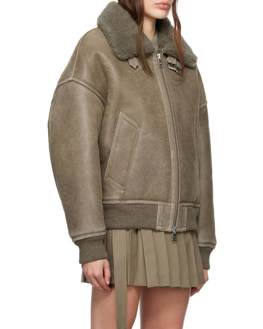 AMI Green Zipped Shearling Bomber Jacket for men