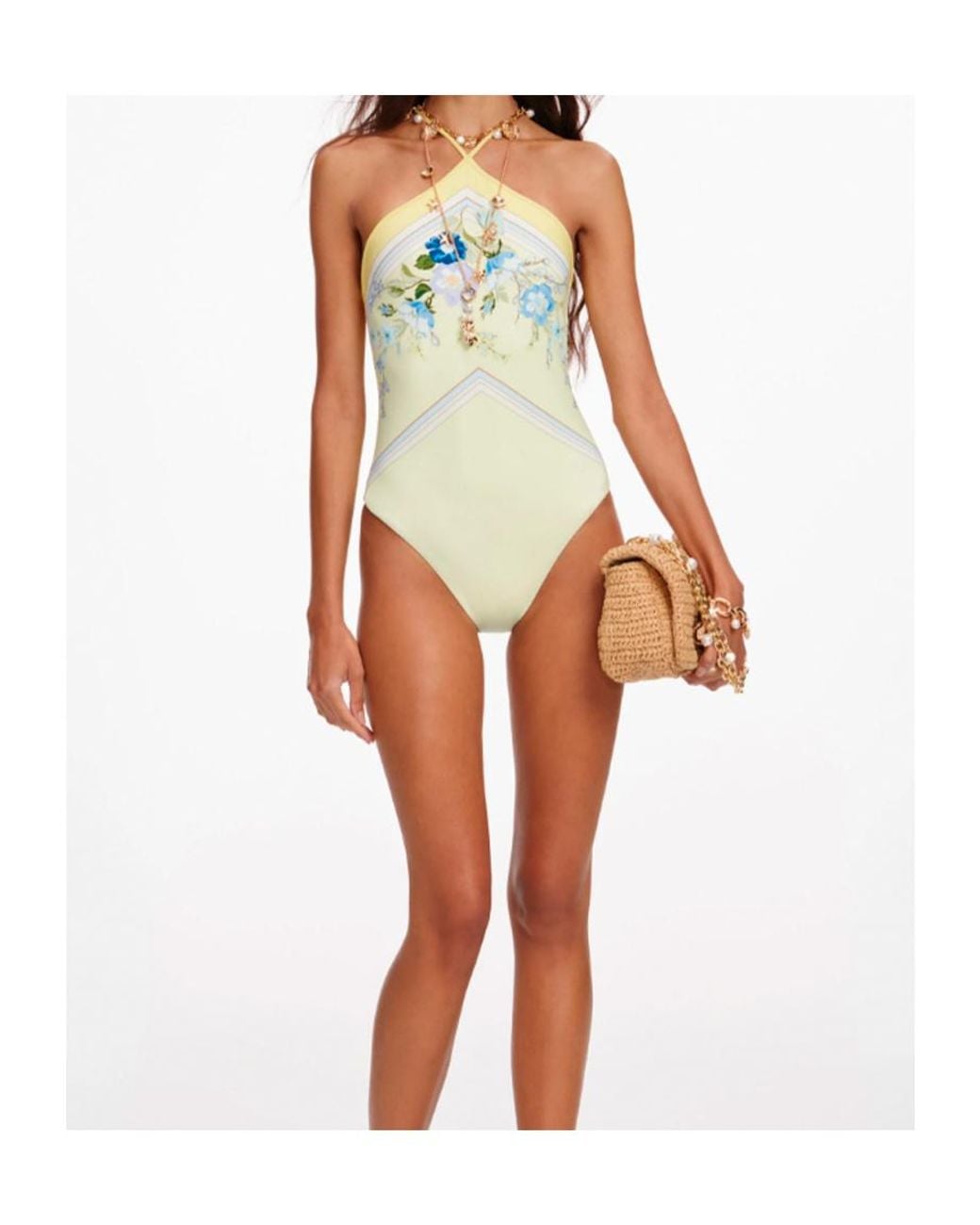Self-Portrait Blue Floral Print Halterneck Swimsuit