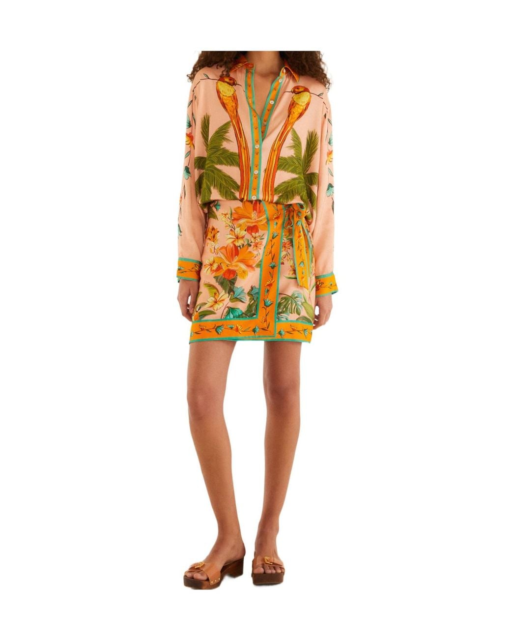 Farm Rio Yellow Birds-Print Long-Sleeve Shirt
