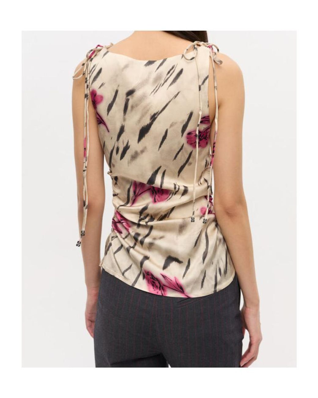 Ganni White Graphic Printed Stretch Satin Gathered Top