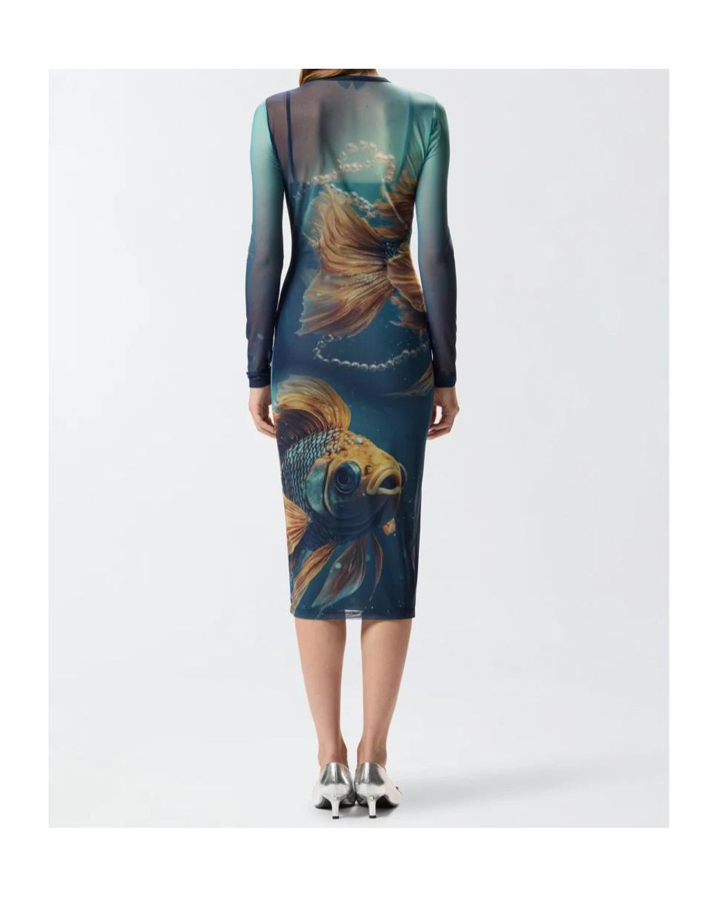 Pinko Blue Fish-Print Mesh Midi Dress