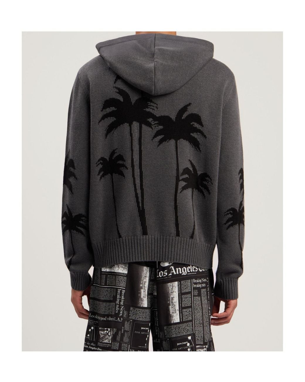 Palm Angels Gray Palm-Print Hooded Jumper for men