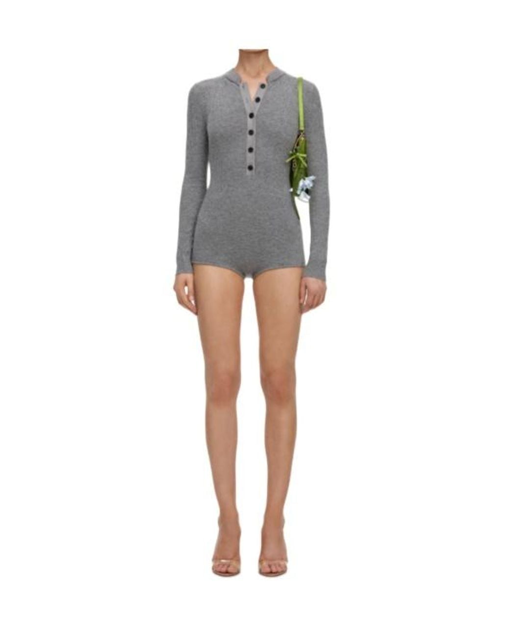 Self-Portrait Gray Ribbed Button Long-Sleeve Bodysuit