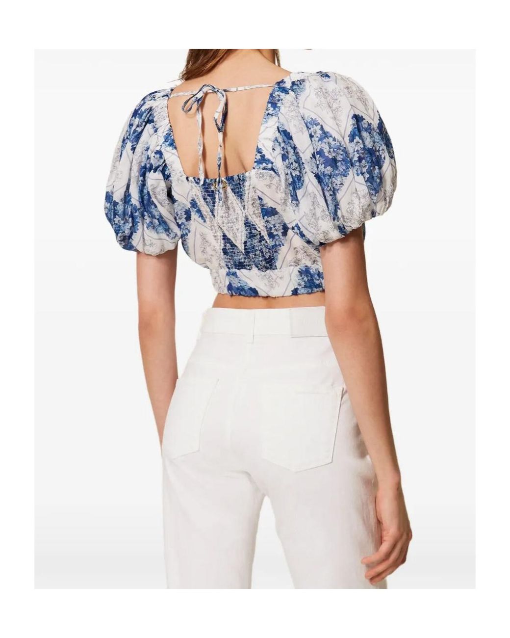 Twinset Blue Floral Puff-Sleeve Cropped Top