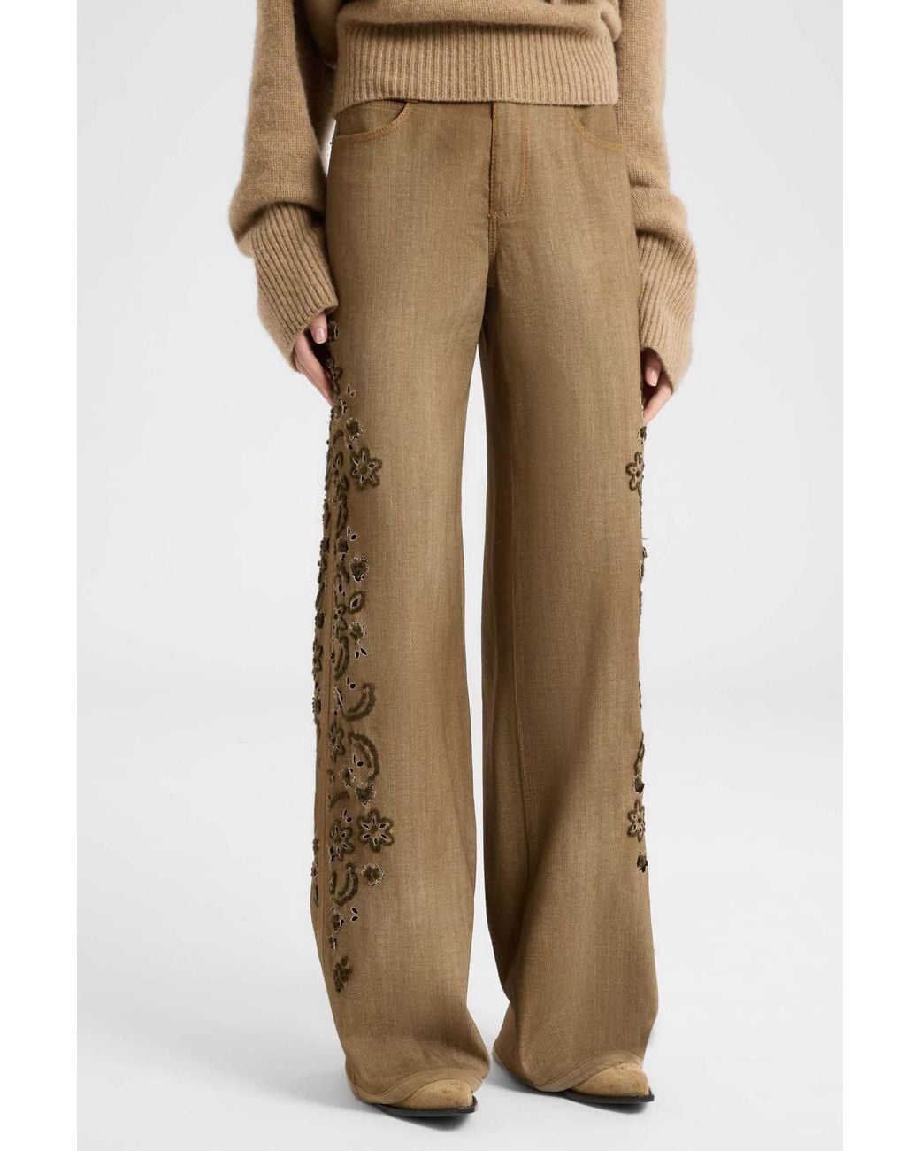 Ermanno Scervino Natural Floral-Embroidered Wide-Leg Trousers