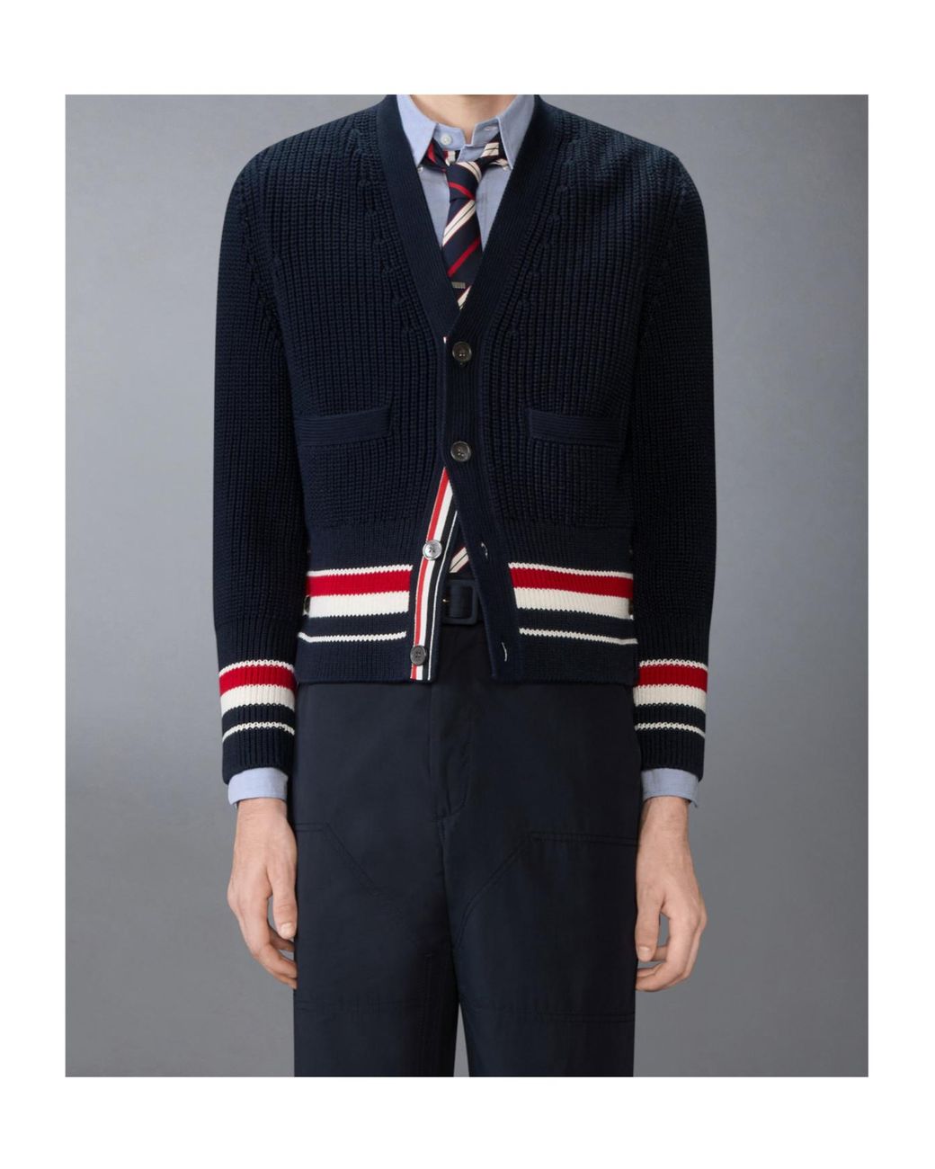 Thom Browne Blue Button-Fastening V-Neck Cotton Cardigan for men