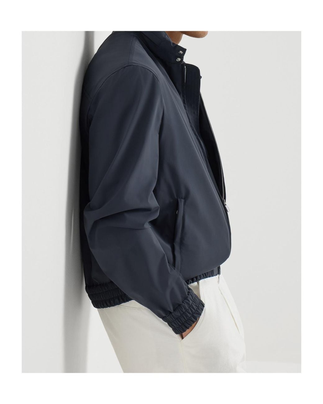 Brunello Cucinelli Blue Elasticated Hem Zipped Bomber Jacket for men