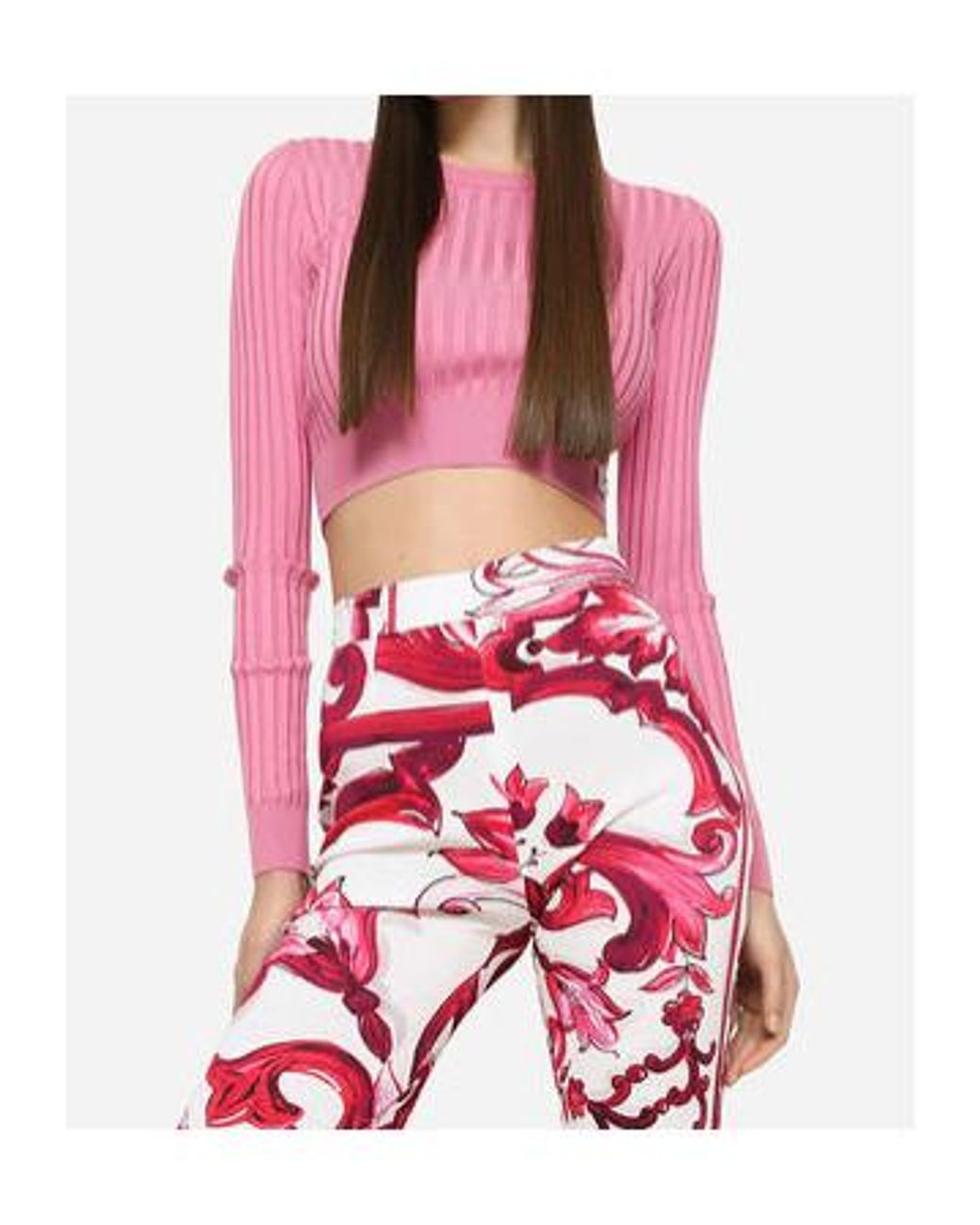 Dolce & Gabbana Pink Logo Plaque Cropped Ribbed Sweater
