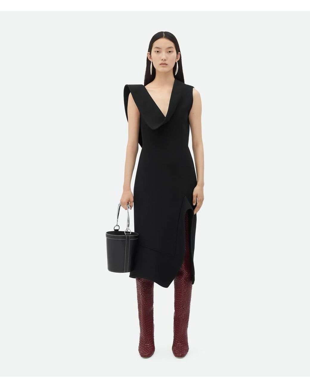 Bottega Veneta Black Structured V-Neck Midi Dress