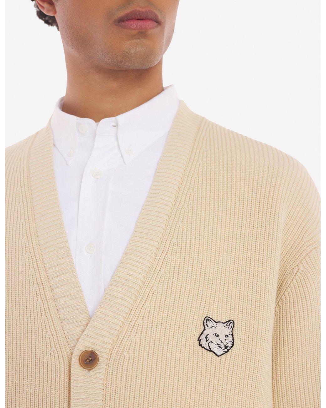 Maison Kitsuné Natural Maison Kitsuné Fox Head Embroidered Knitted Cardigan for men