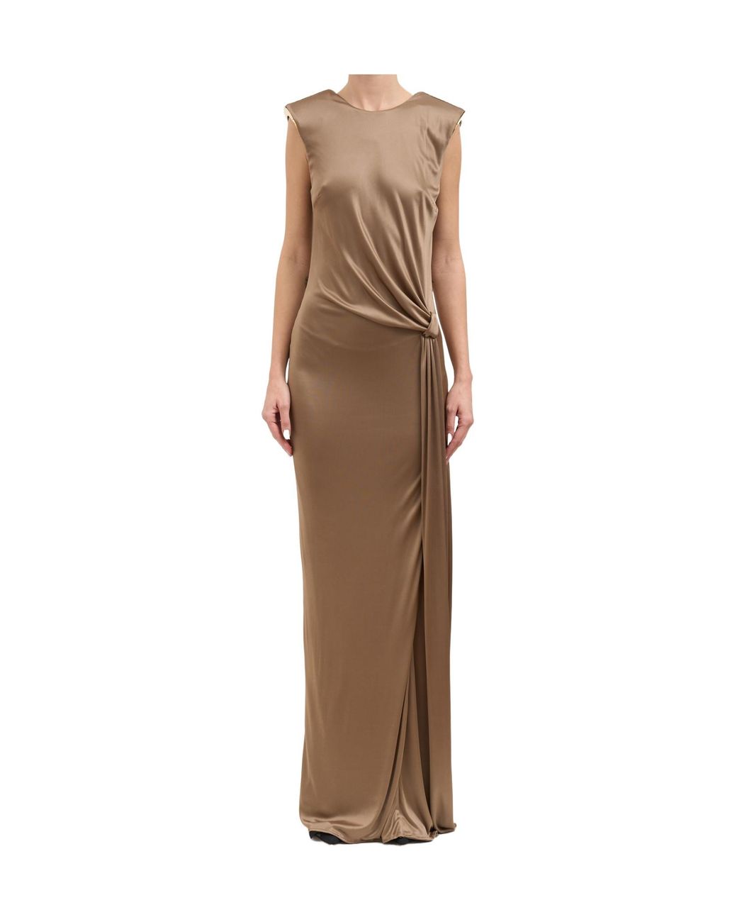 Elisabetta Franchi Brown Pleated Gown With A Slit