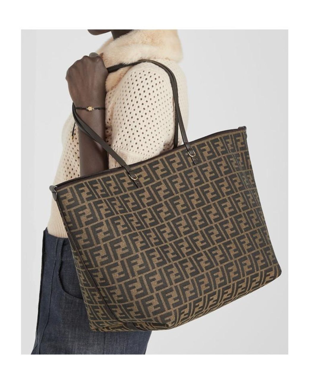 Fendi Brown Tobacco Ff Jacquard And Striped Pequin Fabric Shopper