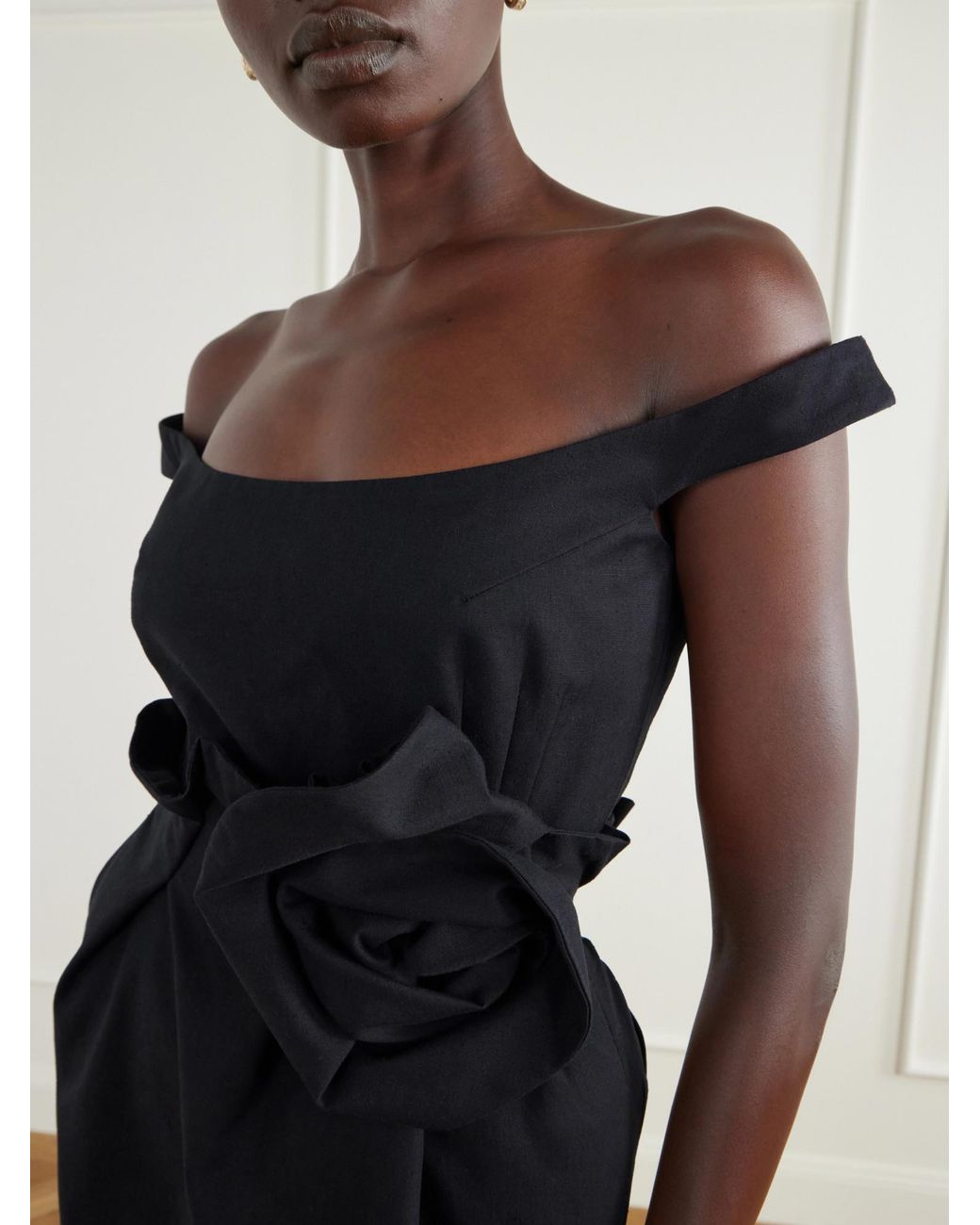 Magda Butrym Black Floral-Appliquéd Off-The-Shoulder Cotton Midi Dress