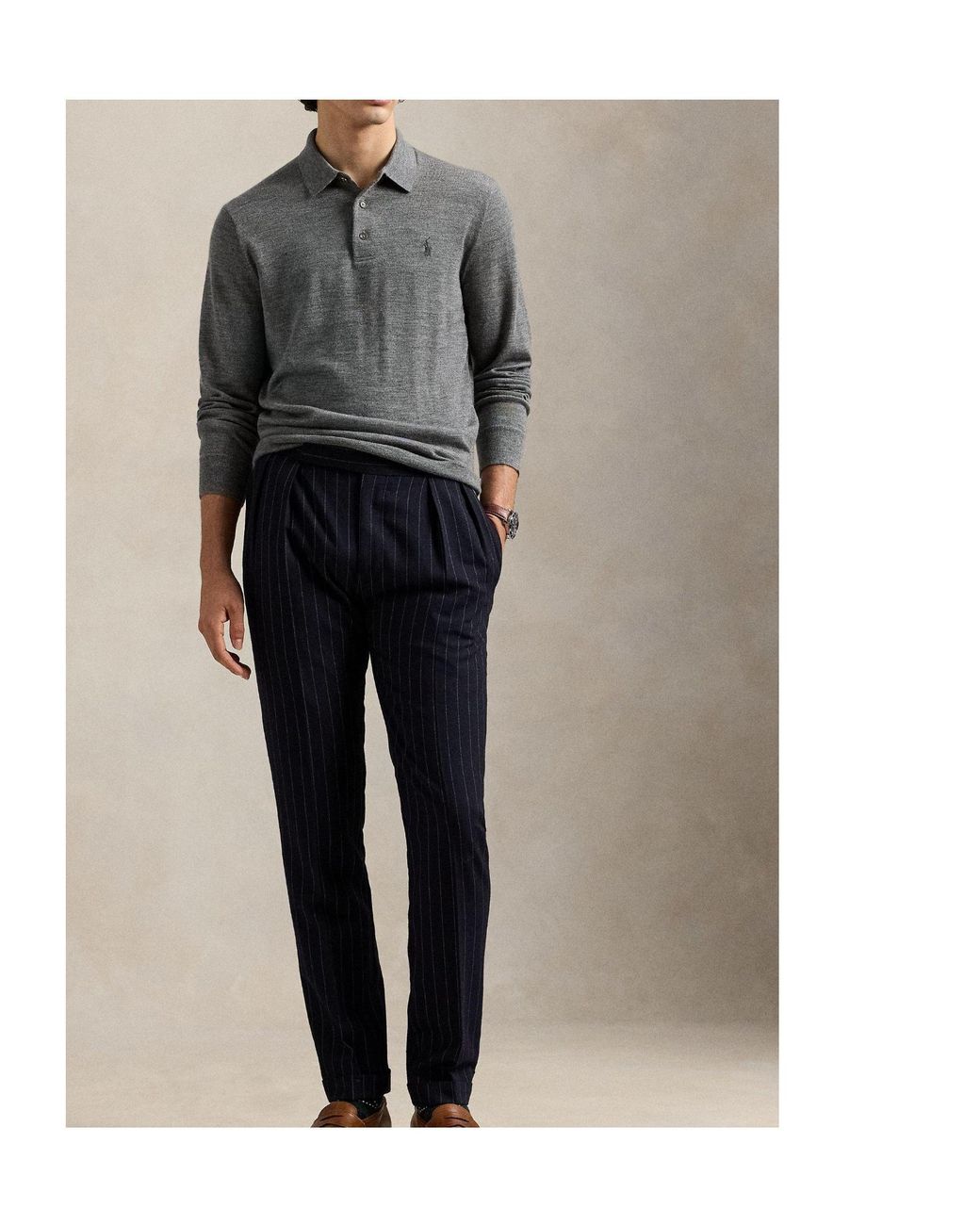 Polo Ralph Lauren Gray Notched Collar Knitted Long-Sleeve Polo Shirt for men