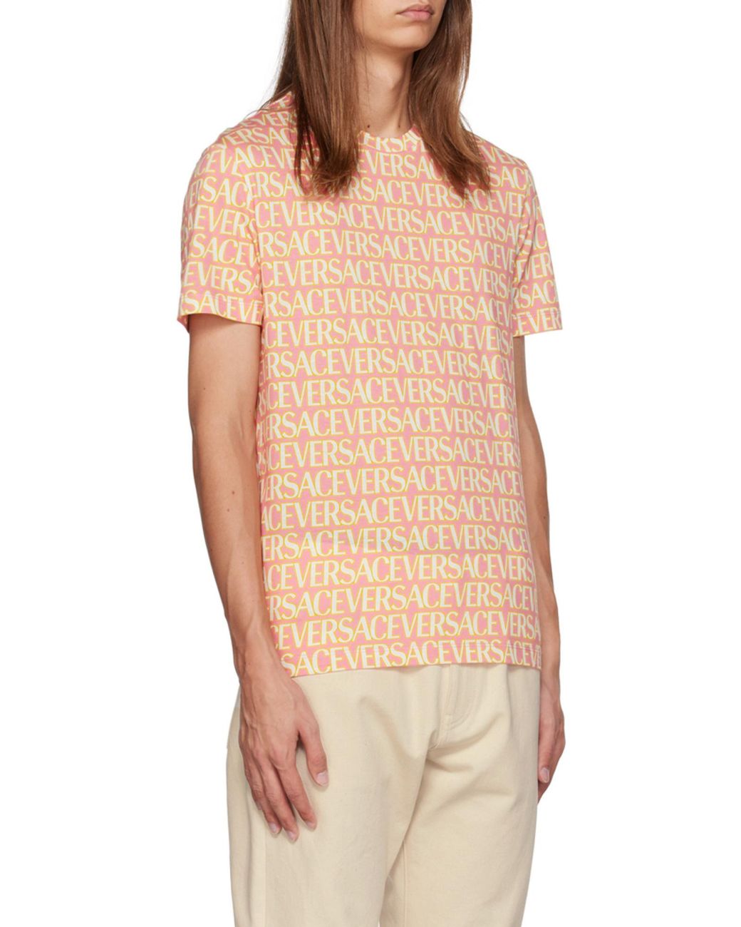 Versace Pink Allover Logo-Printed Crewneck T-Shirt for men