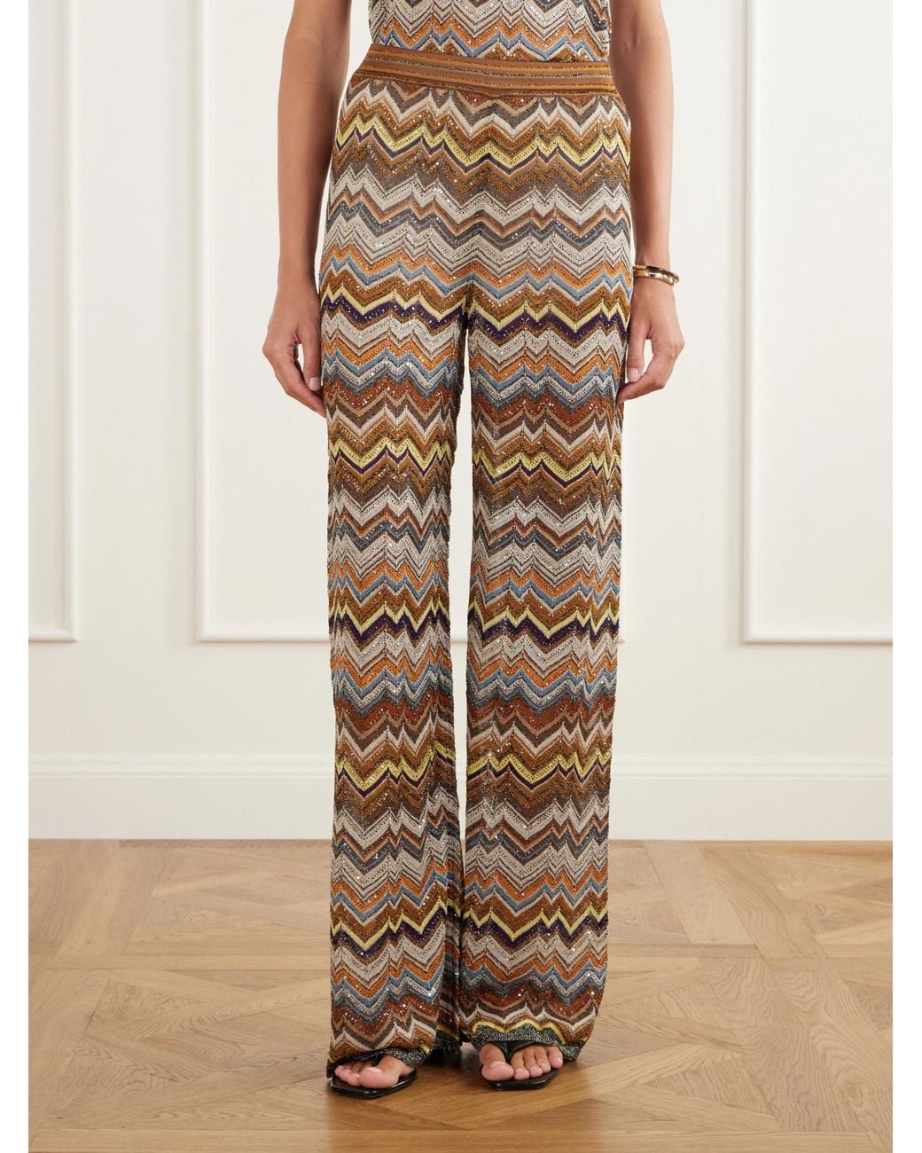 Missoni Natural Sequined Metallic Crochet-Knit Wide-Leg Pants
