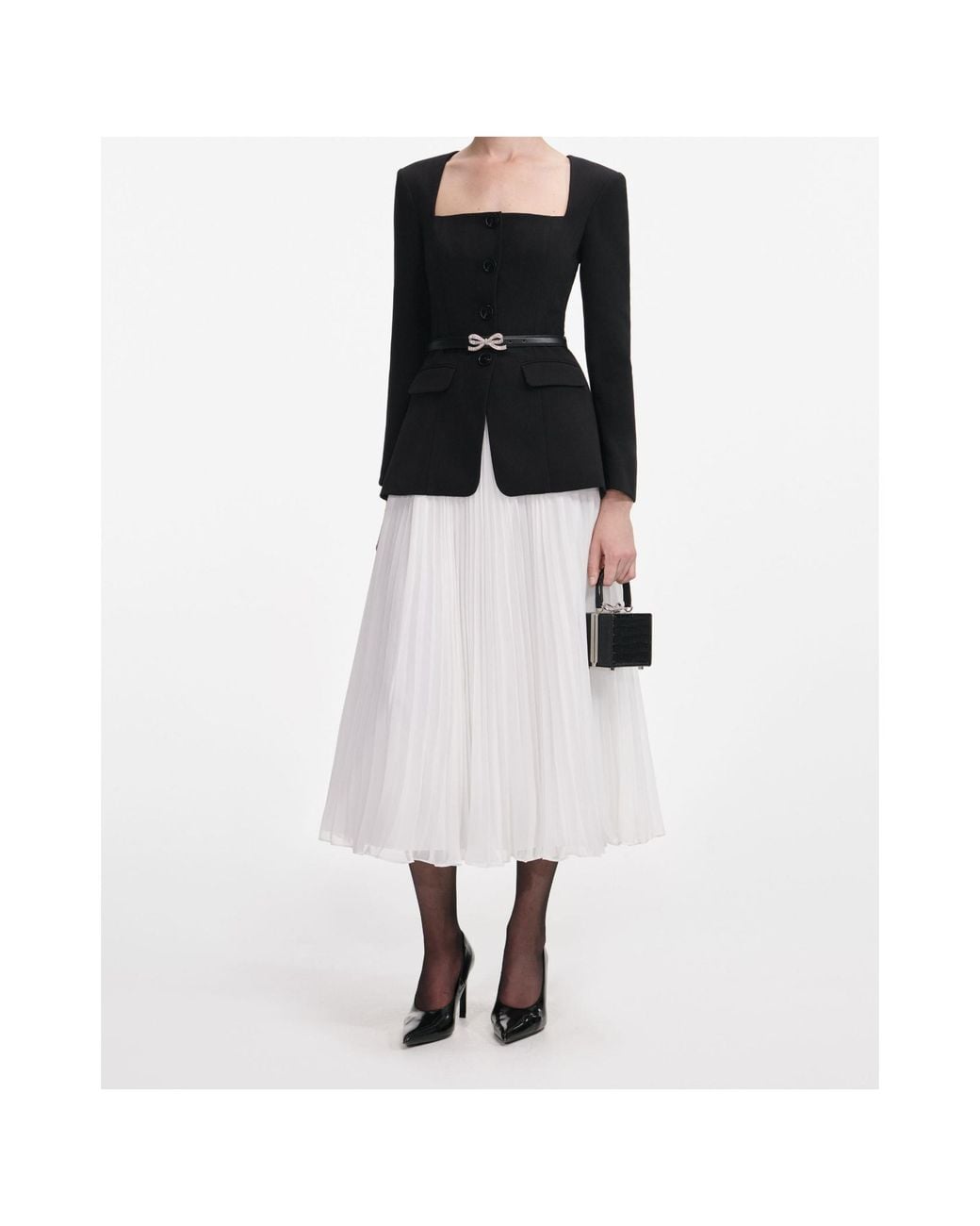 Self-Portrait Black Long-Sleeved Contrast Chiffon Midi Dress