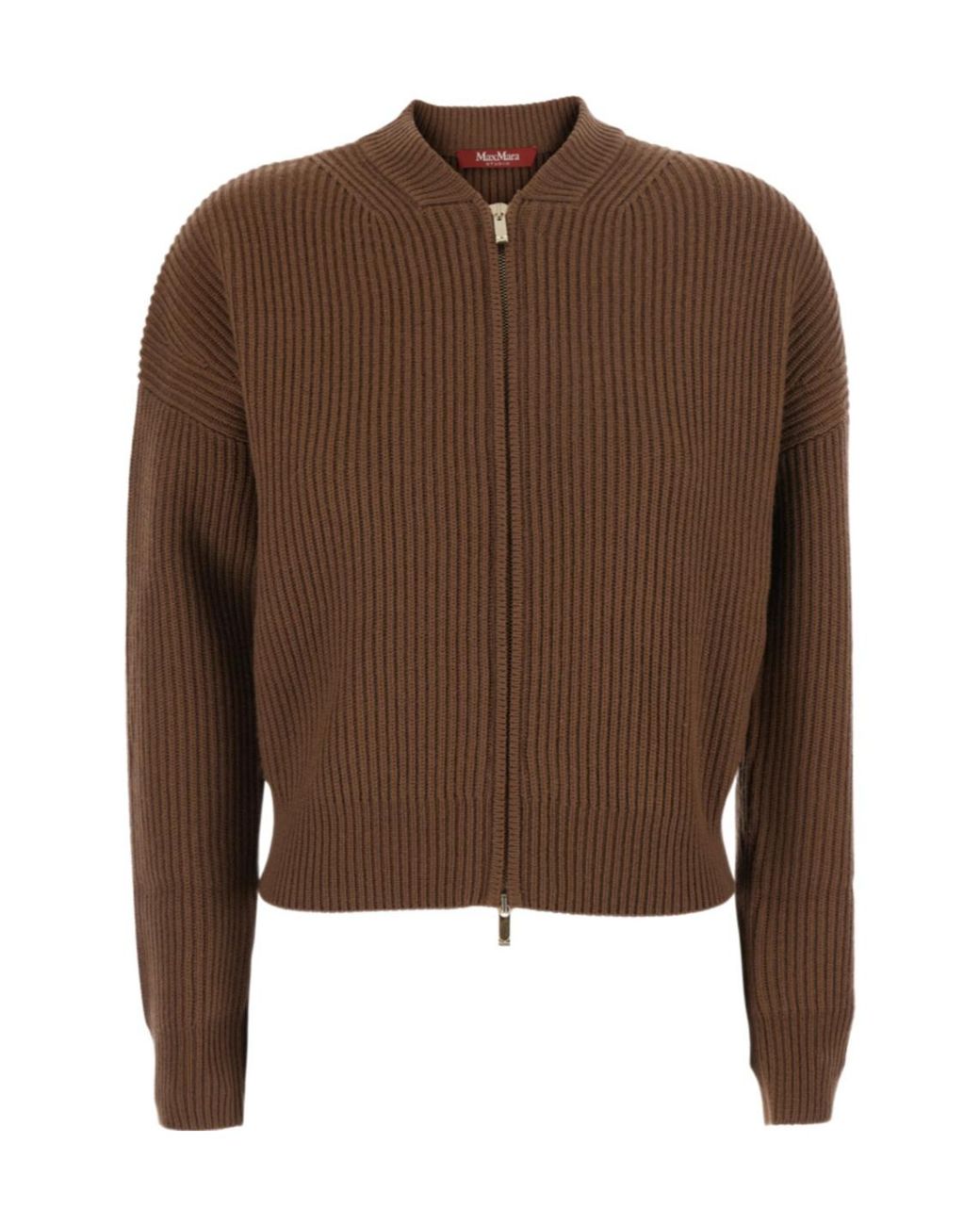 Max Mara Brown Ribbed-Knit Zip-Up Cardigan