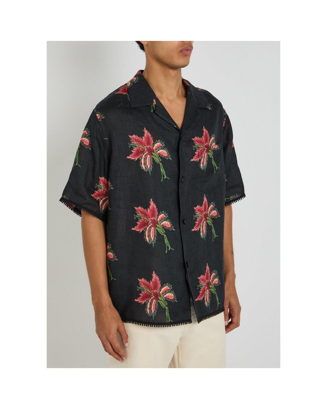 Valentino Black Floral-Print Linen Shirt for men