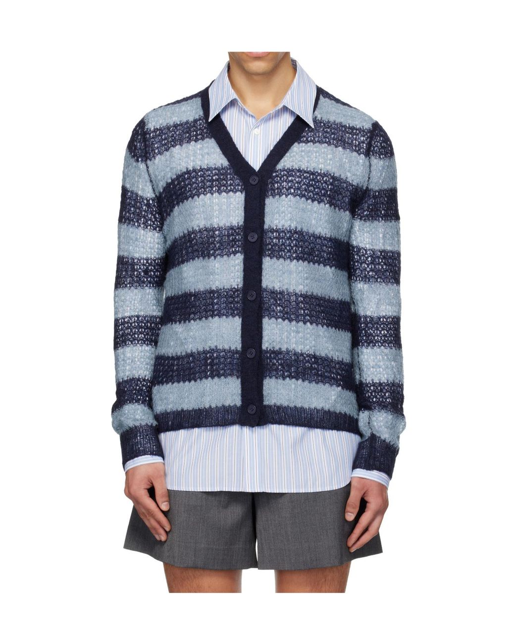 we11done Blue Wool Blend Striped Knit Cardigan for men