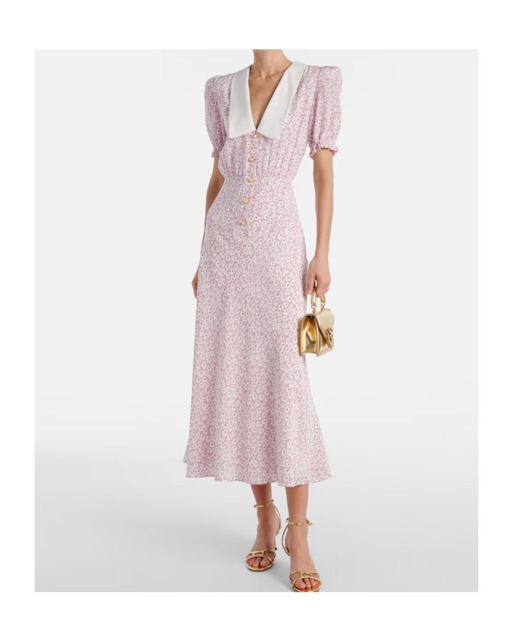 Alessandra Rich Pink Flower Silk Midi Dress