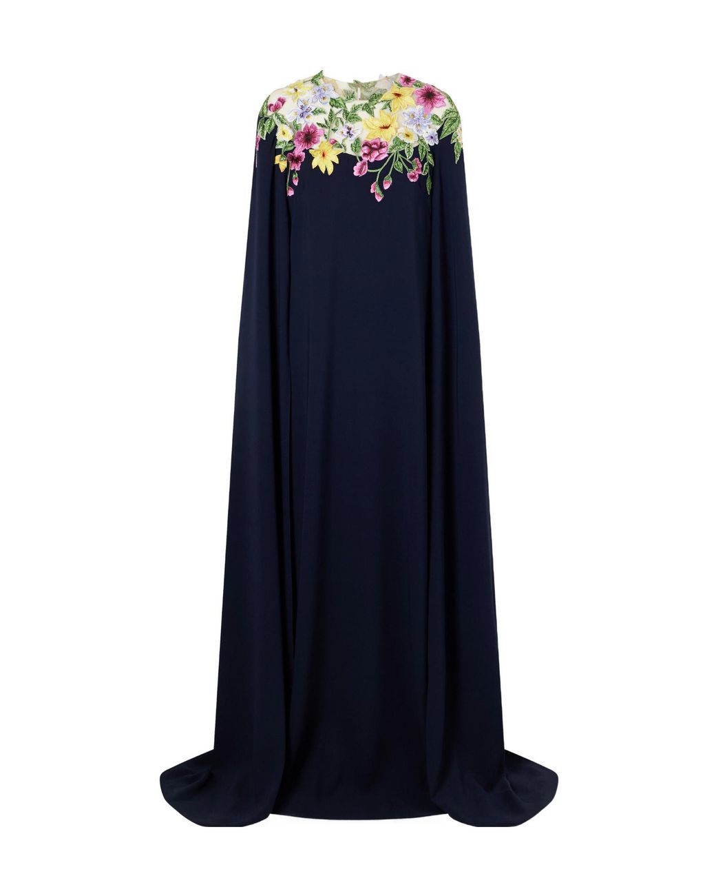 Oscar de la Renta Blue Cape-Effect Floral-Embroidered Silk-Blend Georgette Gown