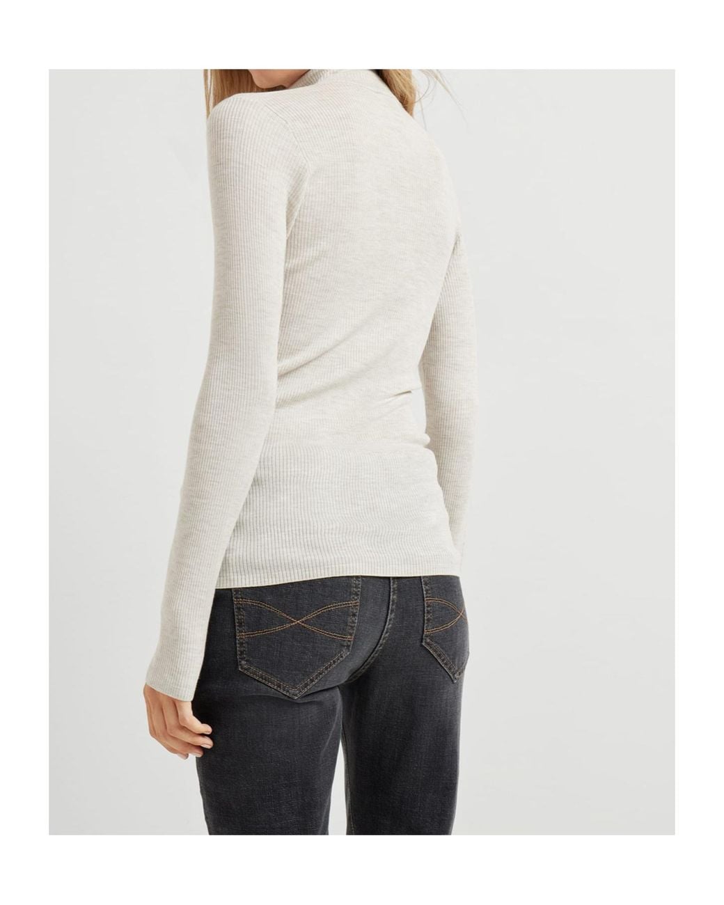 Brunello Cucinelli Gray Virgin Wool And Cashmere Lightweight Ribbed Turtleneck Sweater With Precious Half Zip