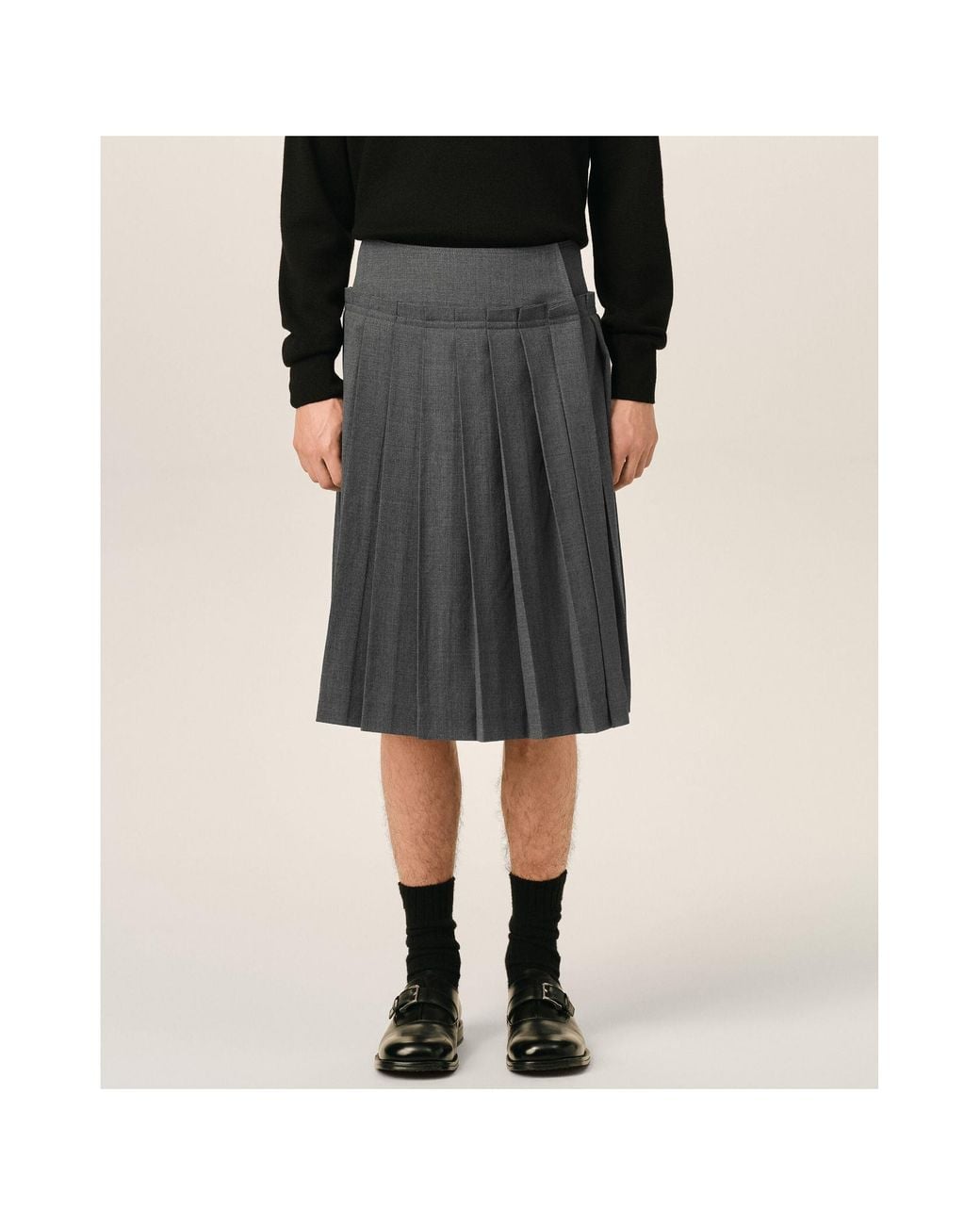 AMI Gray Mid-Length Pleated Wool Skirt for men