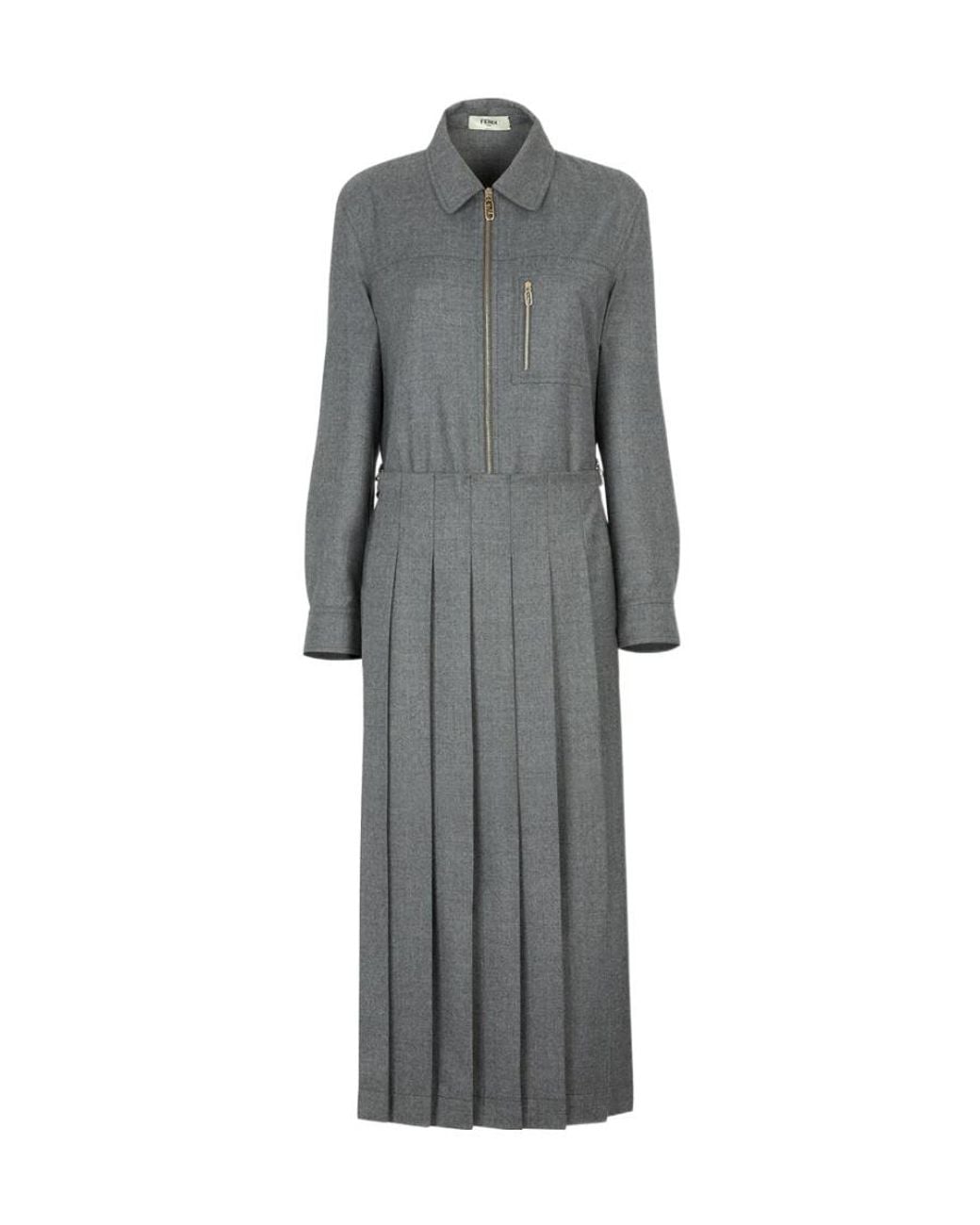 Fendi Gray Long Sleeved Pleated Shirt-Style Jumpsuit