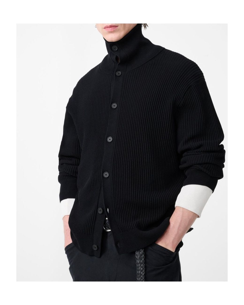 Studio Nicholson Black Ribbed High Neck Cardigan for men