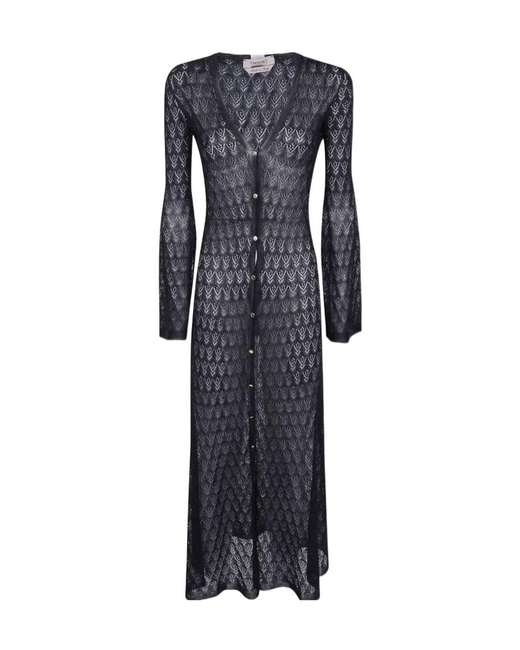 Twinset Blue Long Knit Cardigan With Flared Sleeves