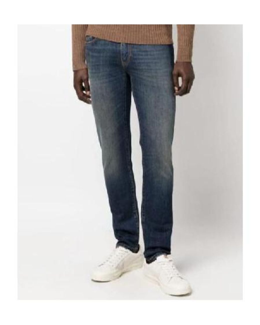 Pt Pantaloni Blue Pt Torino Logo-Patch Washed Slim-Cut Jeans for men