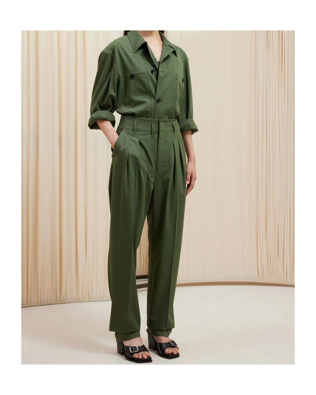 Lemaire Green Pleated Tapered Leg Trousers for men
