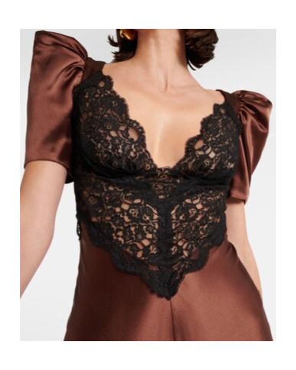 Rodarte Brown Lace-Trimmed Silk Charmeuse Gown