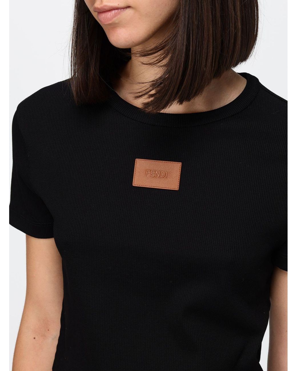 Fendi Black Cropped Ribbed Logo-Patch T-Shirt