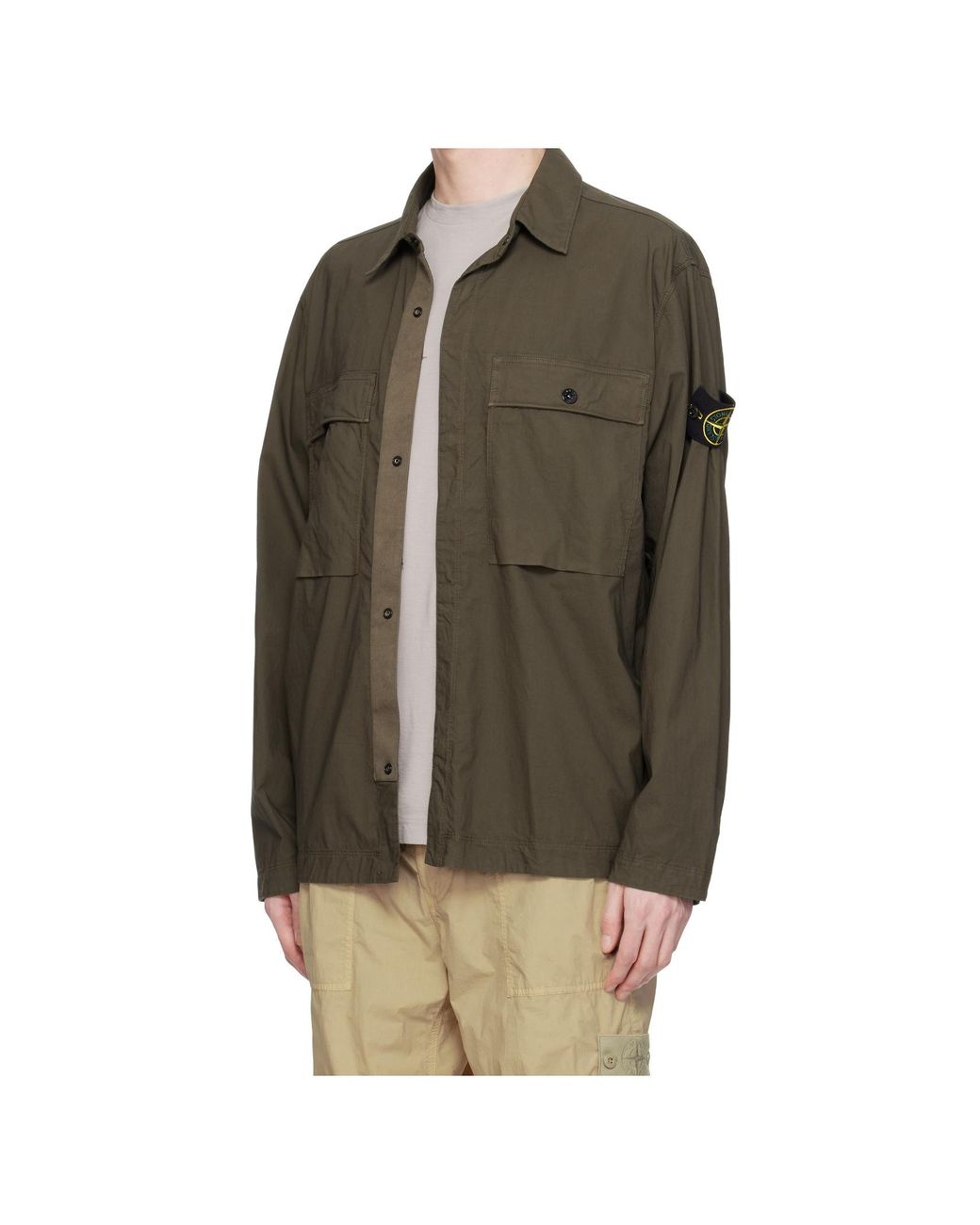 Stone Island Gray Logo Patch Long Sleeved Overshirt for men