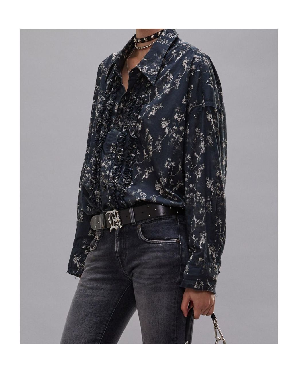 R13 Gray Ruffled Floral-Print Shirt