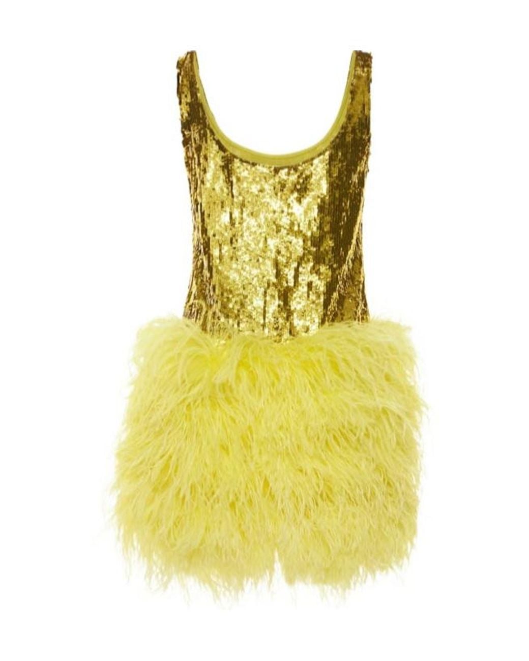 Valentino Yellow Sequined Mini Dress W/ Feathers