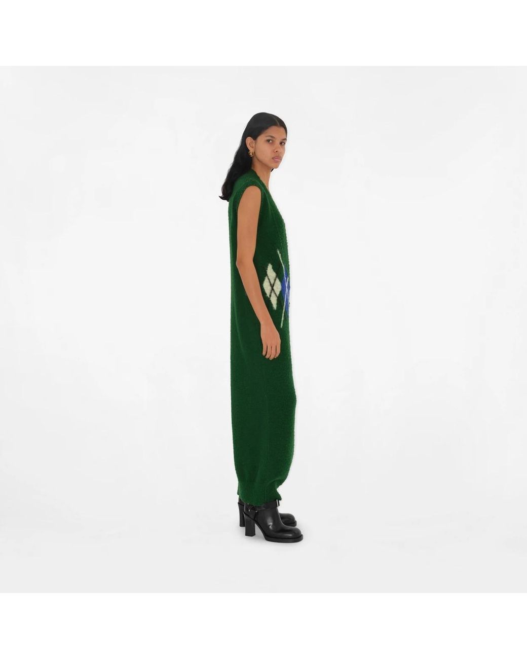 Burberry Green Argyle-Intarsia V-Neck Maxi Dress