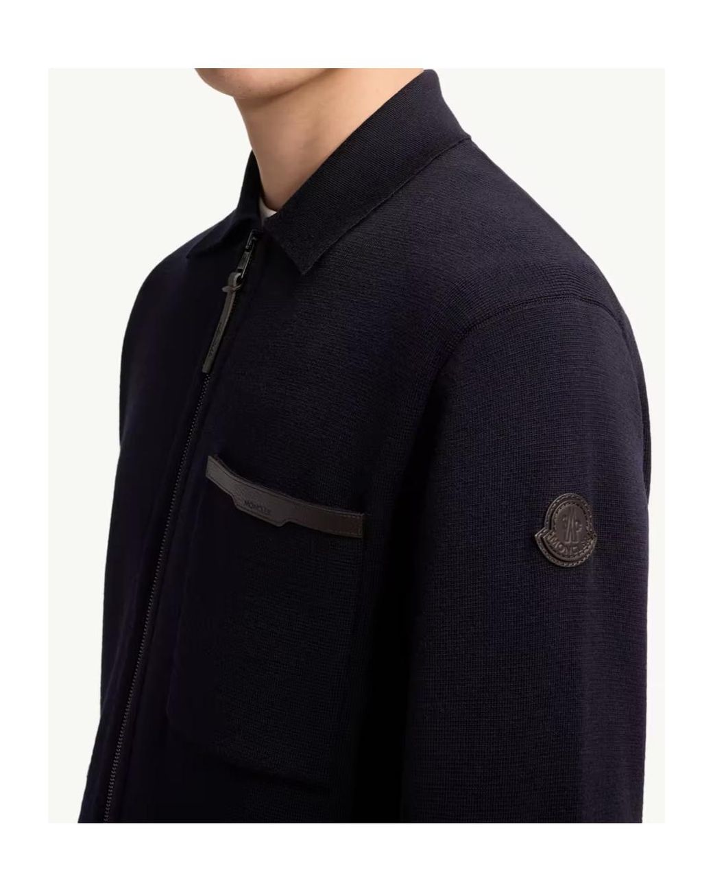 Moncler Blue Leather Logo Wool Zip-Up Cardigan for men