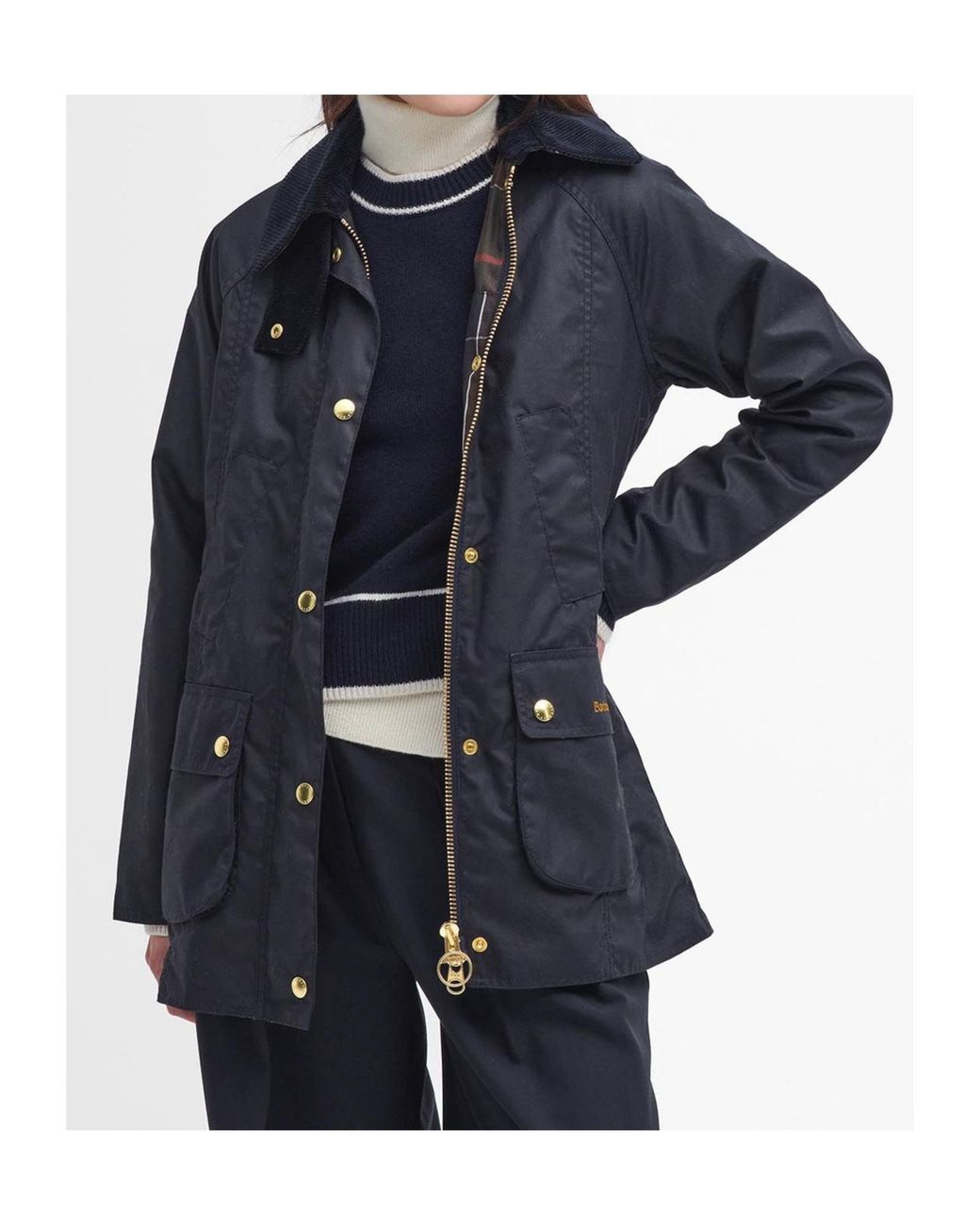 Barbour Blue Beadnell Waxed Corduroy-Collar Coat