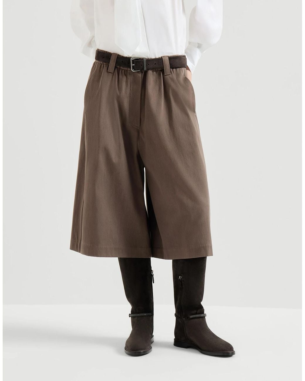 Brunello Cucinelli Brown Couture Cotton Gabardine Long Bermuda Shorts With Monili