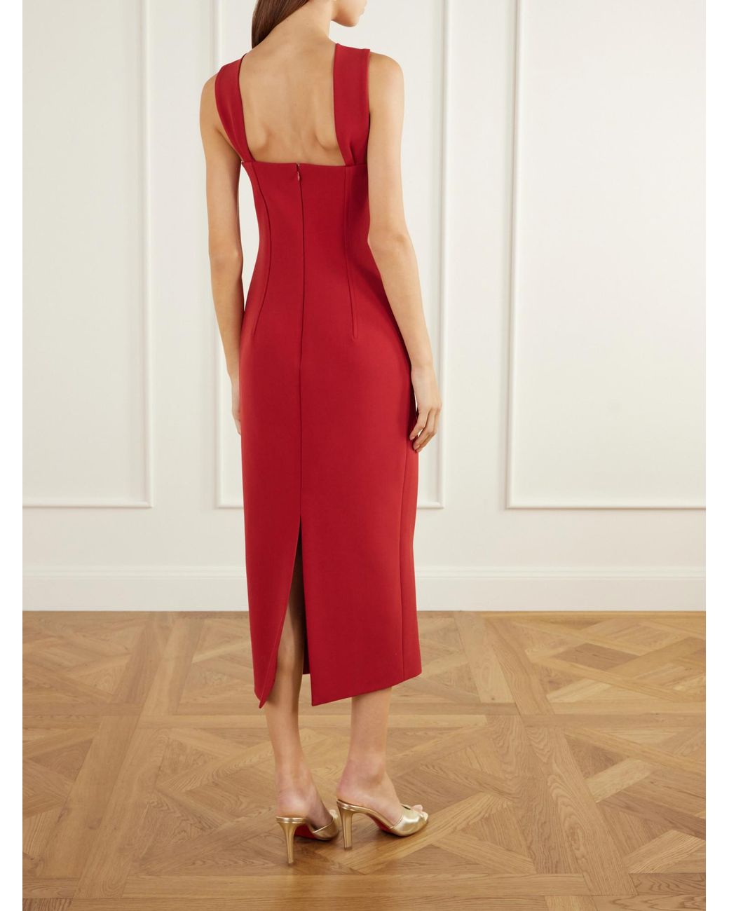Emilia Wickstead Red Open-Back Twisted Darted Birdseye Halterneck Midi Dress