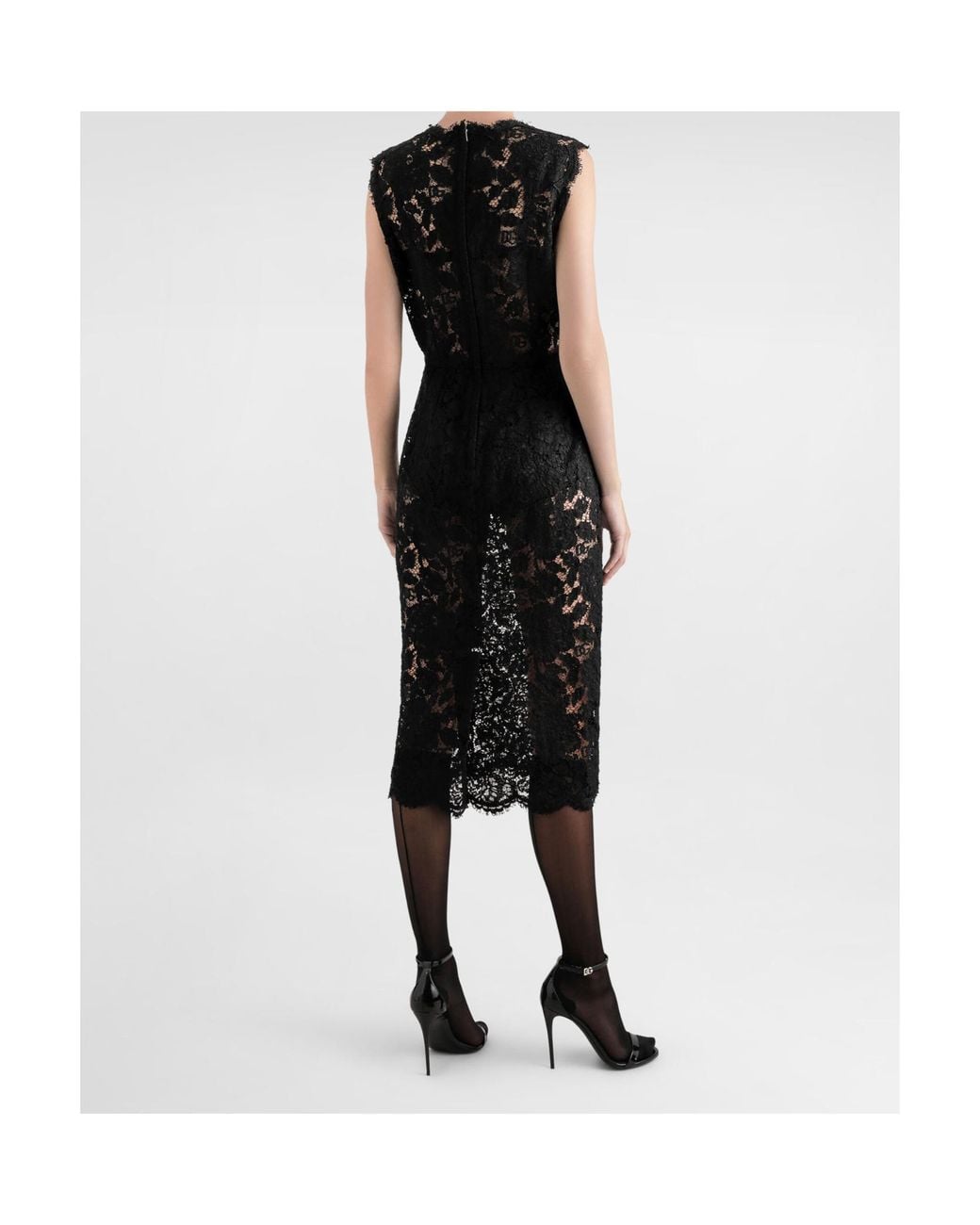 Dolce & Gabbana Black Floral-Lace Scallop Edge Sleeveless Midi Dress