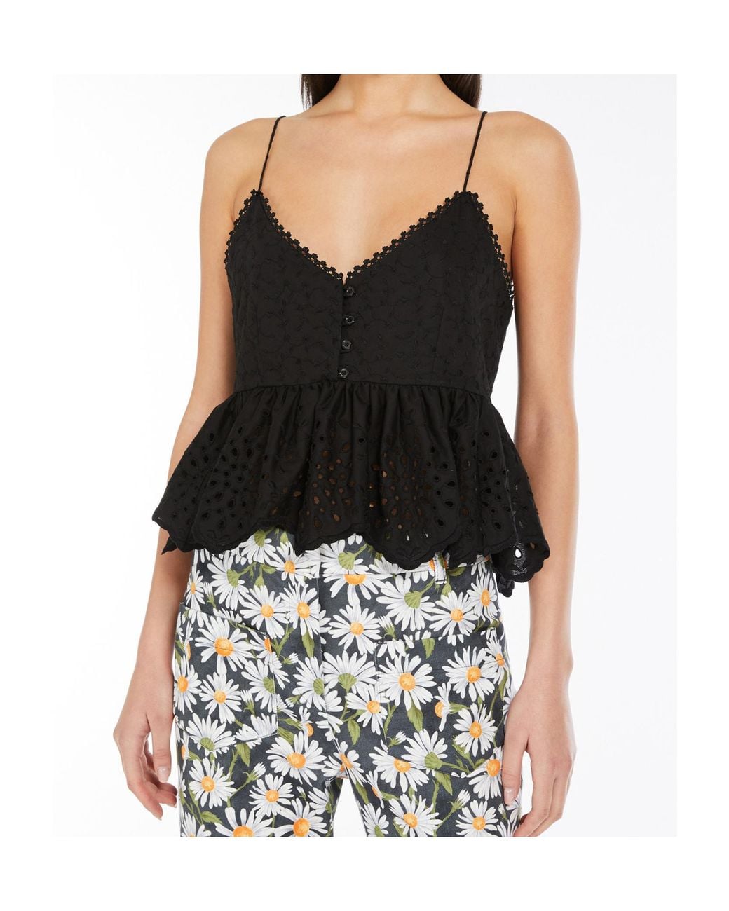 Weekend by Maxmara Black Embroidered Spaghetti Strap Top